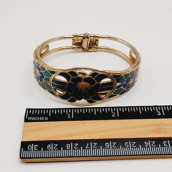 Vintage Cloisonné Hinged Bracelet 6 3/4" Blue Green Floral Enamel Gold Tone - Picture 8 of 10